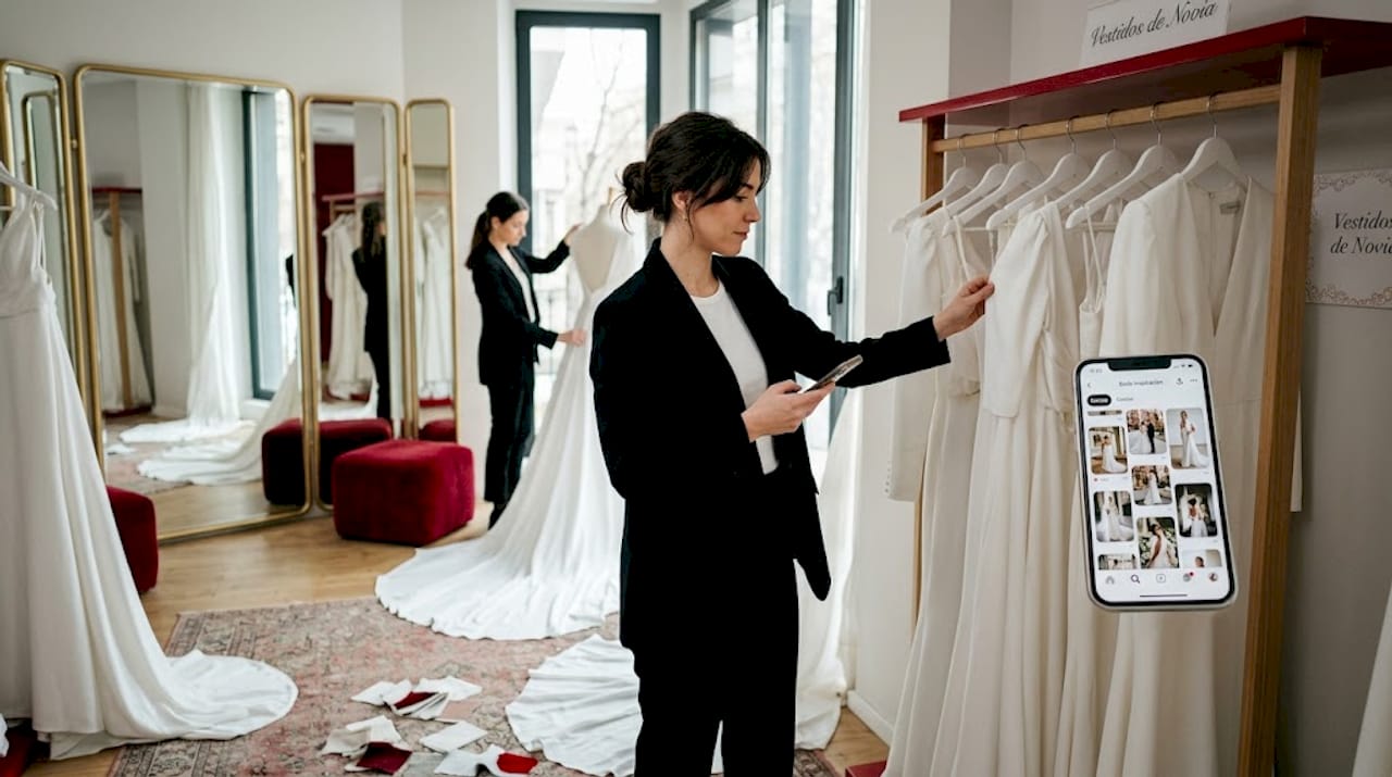 Una novia busca el vestido perfecto en una boutique llena de luz.