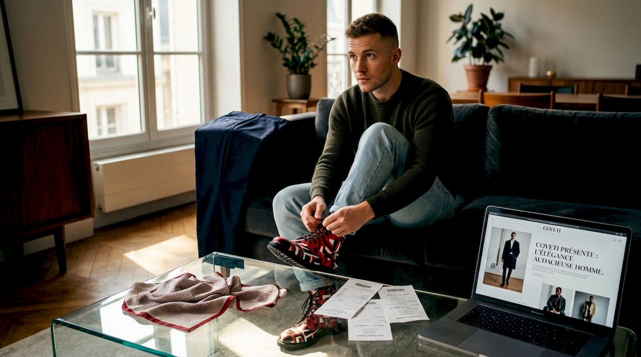 Un homme ajuste ses bottines tendance, avec un pantalon classique posé à côté.