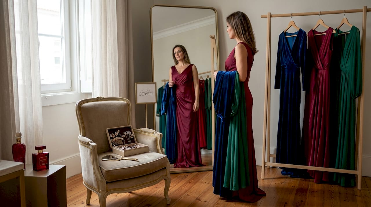 Mulher a experimentar um vestido de luxo no provador de uma boutique, à procura da escolha perfeita.