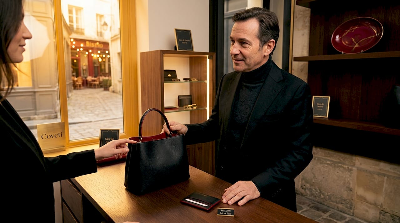 Un homme flâne dans une boutique de luxe tout en consultant un catalogue en ligne sur sa tablette.