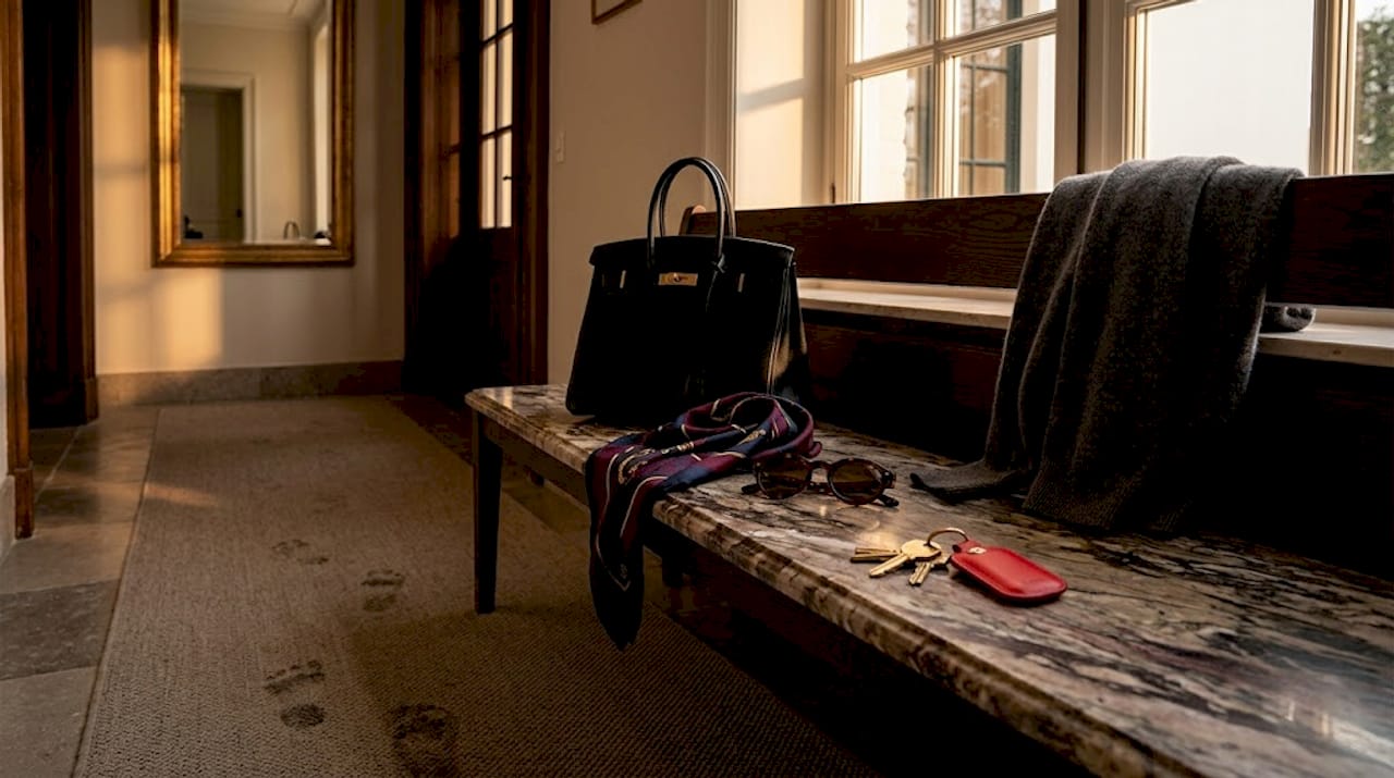 Een leren handtas met bijpassende accessoires ligt nonchalant op het bankje in de hal.