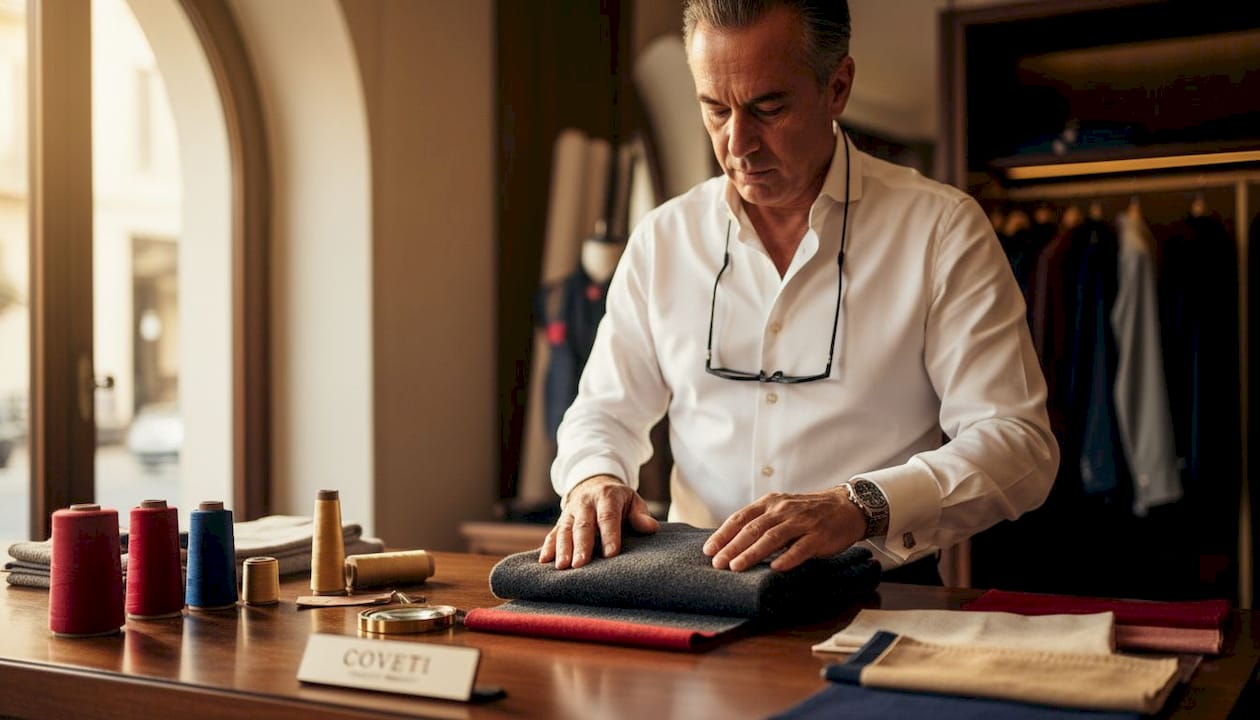 Uomo che osserva con attenzione la qualità di un pregiato tessuto in cashmere