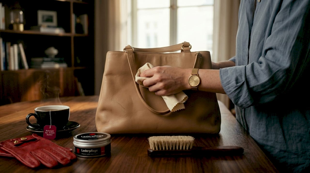 Mit der Hand wird die Designertasche auf der Kücheninsel sauber gemacht.