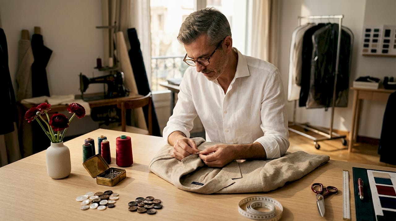 Hombre inspeccionando una chaqueta artesanal