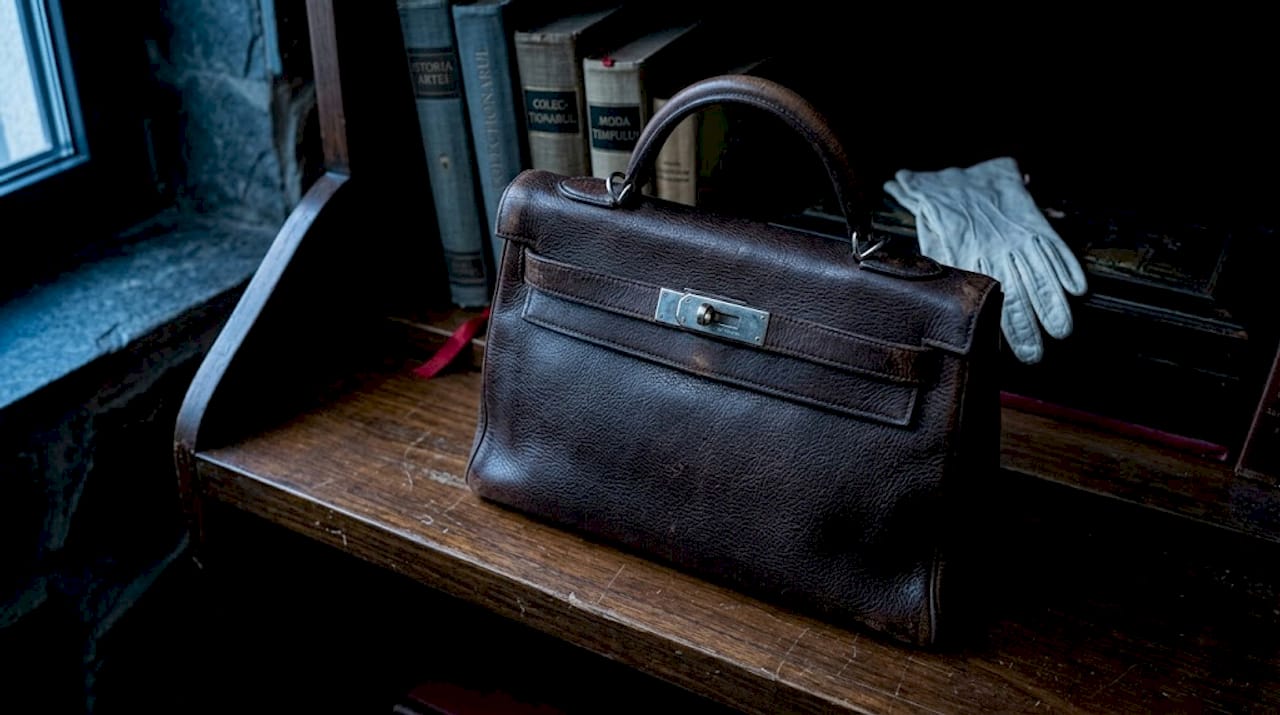 Geanta Hermès HAC expusă cu stil pe un raft vechi, detaliile ei elegante ieșind în evidență.