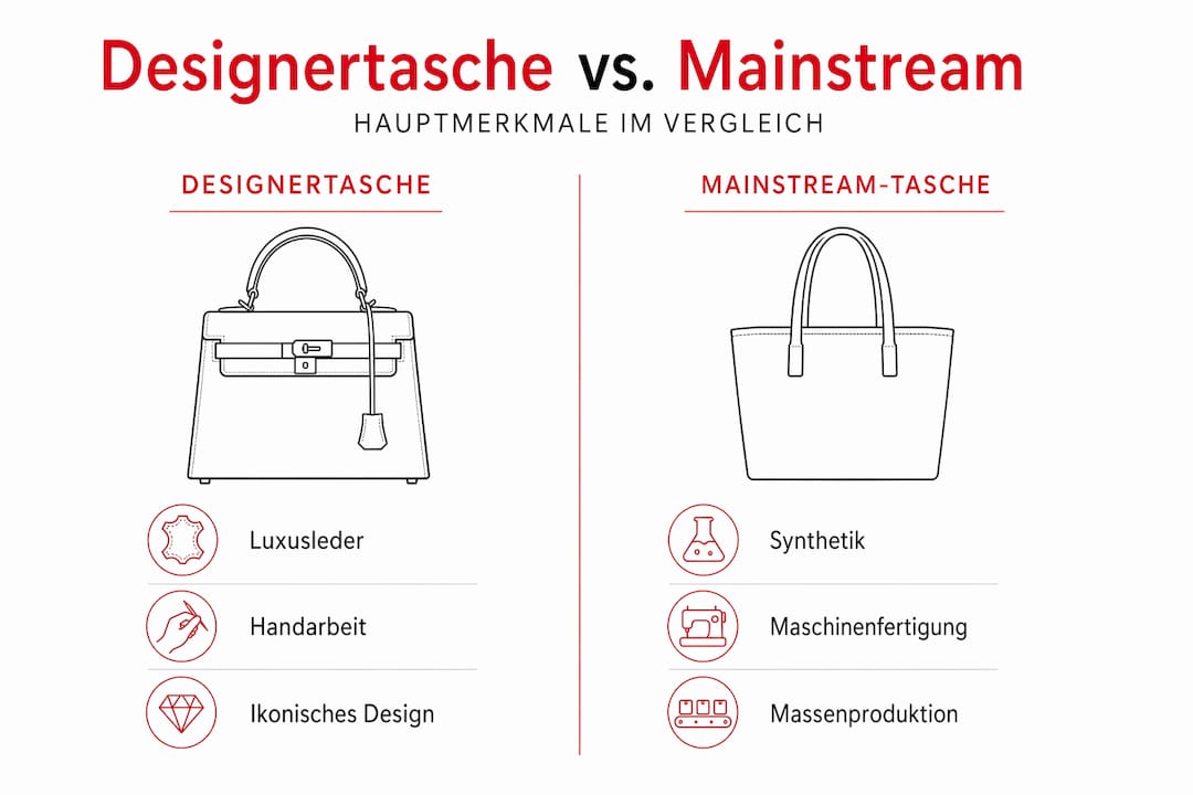 Infografik: Gegenüberstellung von Designer-Taschen und Taschen aus dem Mainstream