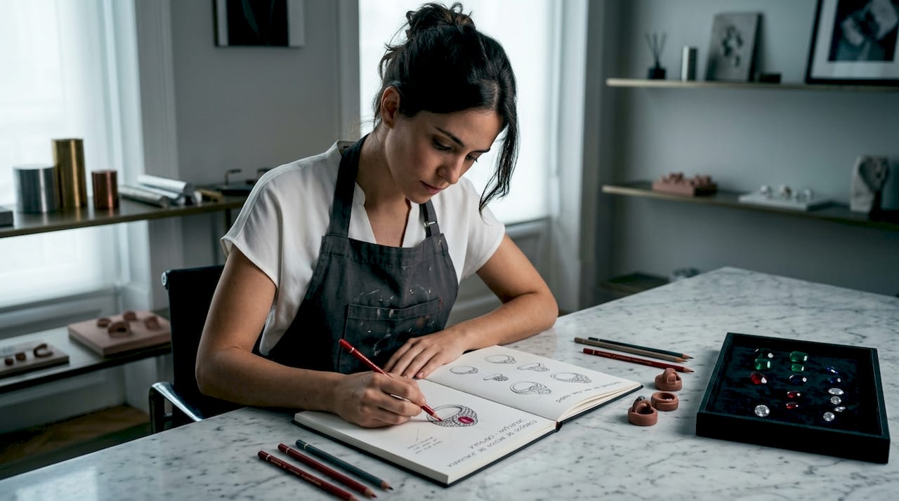 Designer de joias a desenhar um anel no seu pequeno atelier