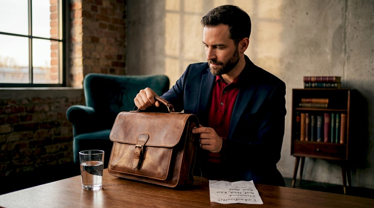 Ein Mann begutachtet eine Ledertasche, um sich von deren hochwertiger Verarbeitung zu überzeugen.