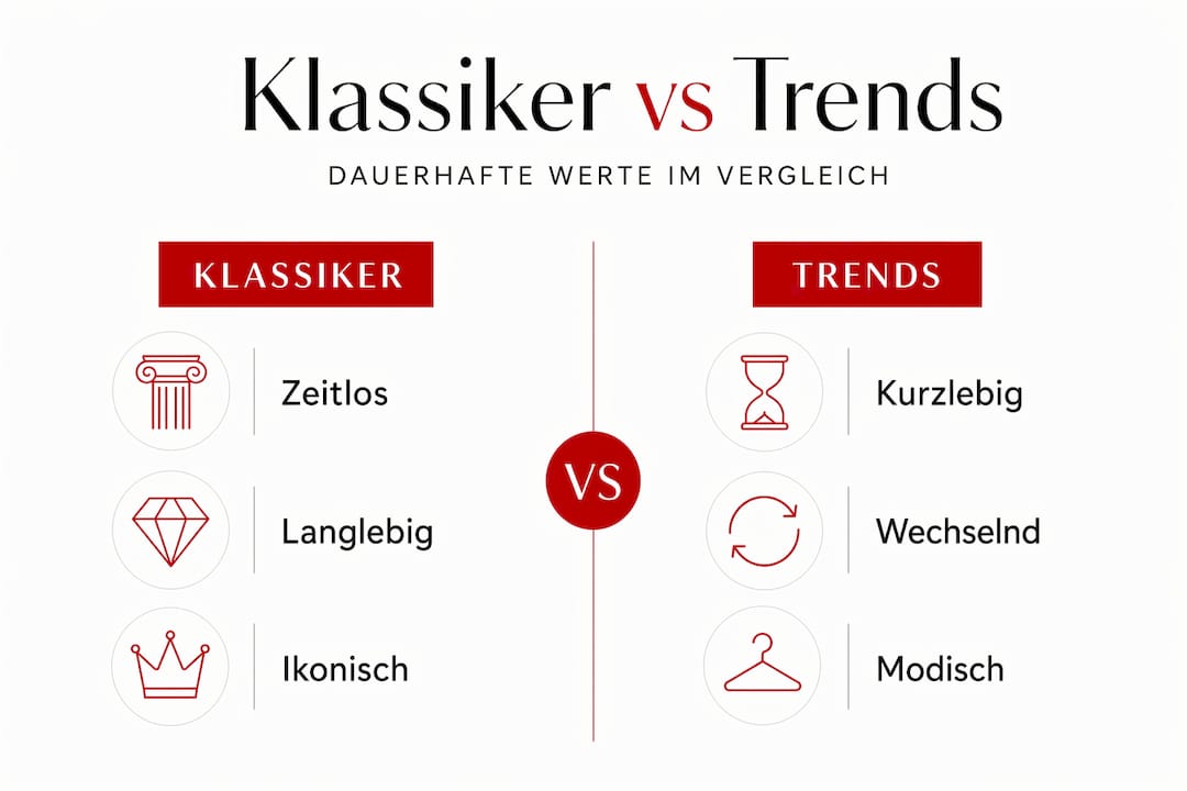 Die Infografik zeigt im Überblick, wie zeitlose Designikonen und aktuelle Trends gegenüberstehen.