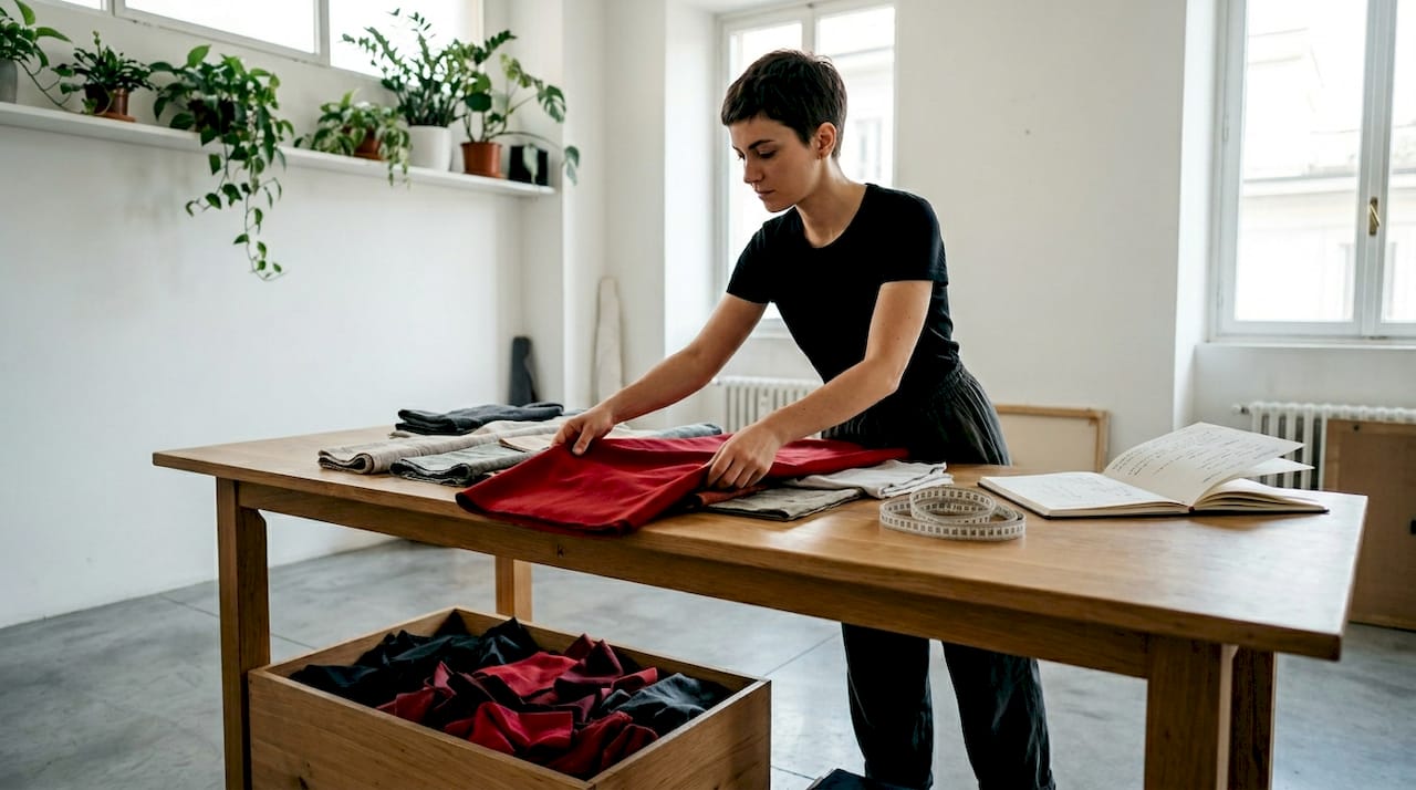 Una designer alle prese con tessuti riciclati mentre lavora nel suo laboratorio.