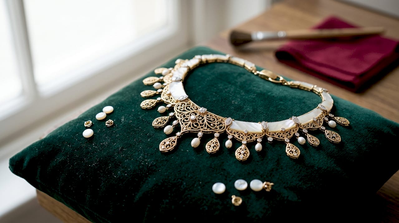 Close-up van een couture halsketting met guirlande, prachtig gepresenteerd op fluweel.