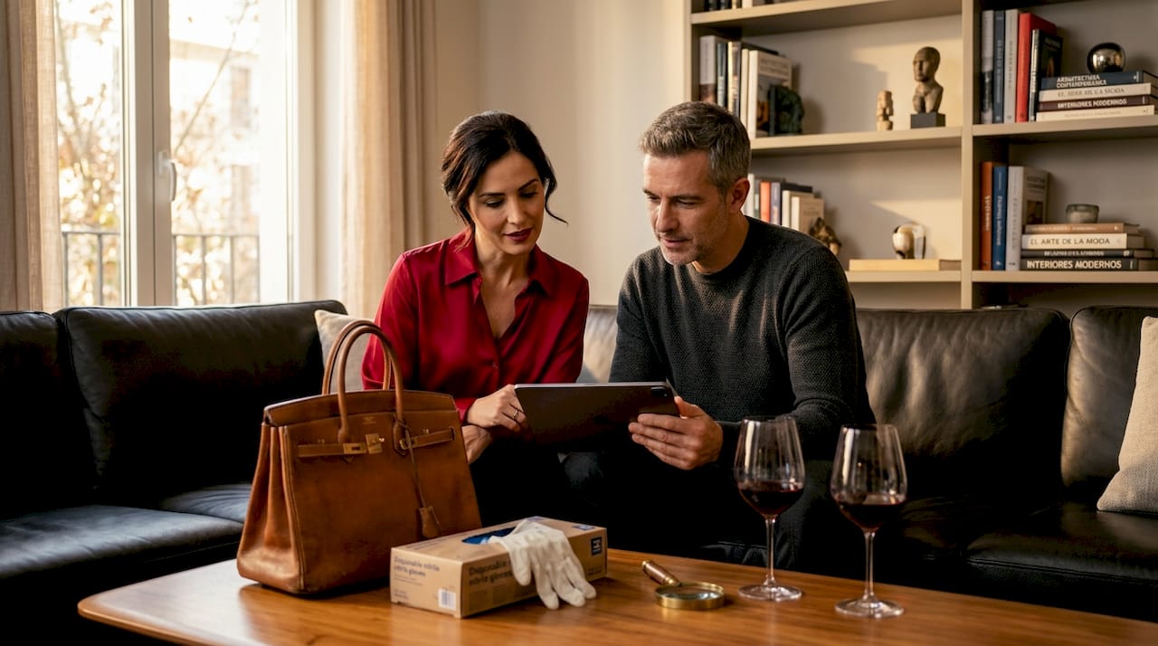 Una pareja confirma que su bolso Hermès vintage es auténtico.