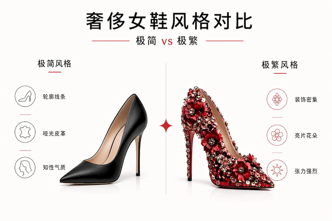一张图带你对比极简与繁复两种鞋款风格，帮你轻松了解各自特点与穿搭建议。