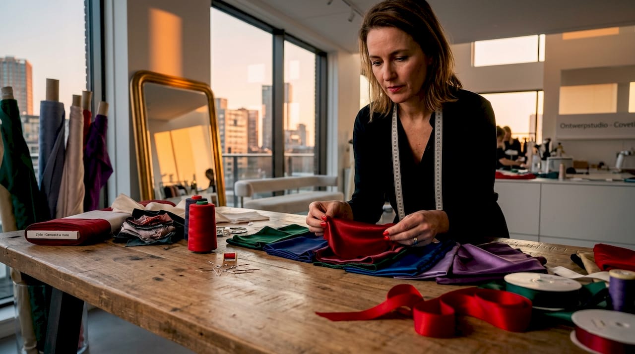 Een modeontwerper bekijkt en beoordeelt verschillende stoffen in het atelier.