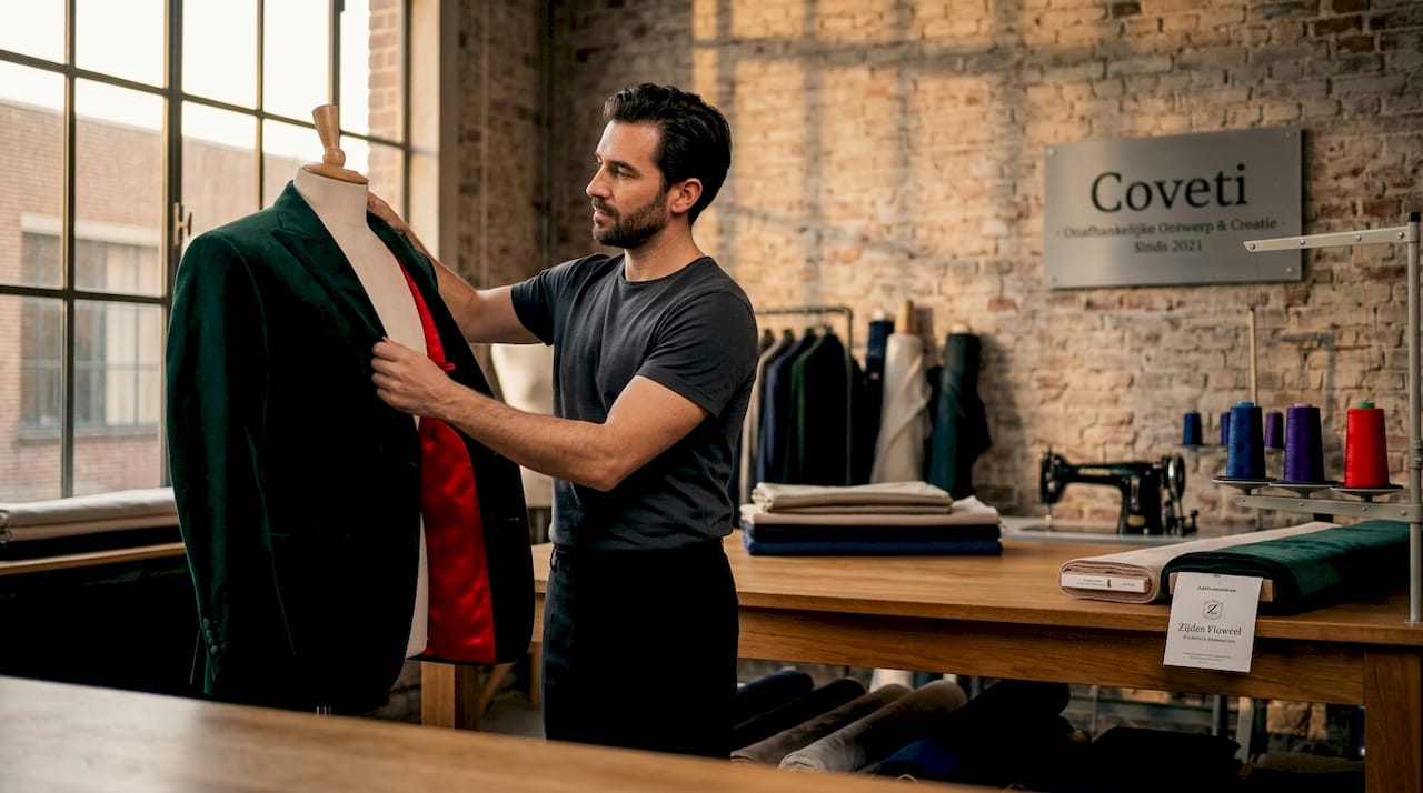 Een modeontwerper past de laatste details aan een kledingstuk aan in het naaiatelier.