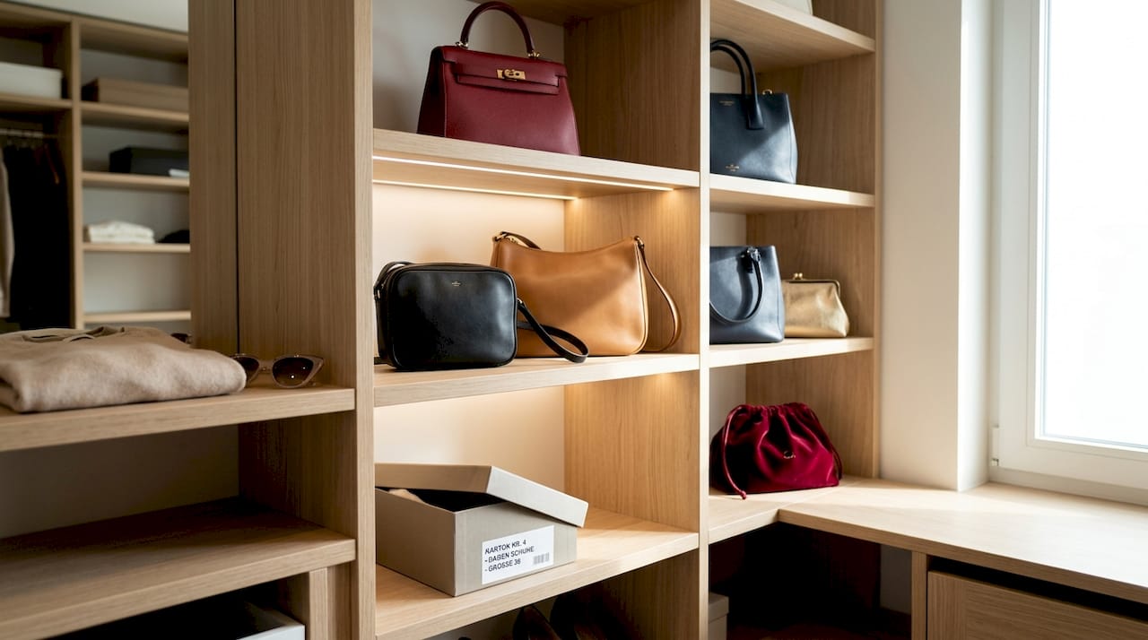 Auf dem Regal im Kleiderschrank werden edle Designertaschen stilvoll präsentiert.