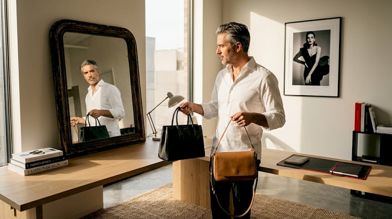 Un homme examine et compare plusieurs sacs à main de luxe soigneusement rangés dans son dressing.