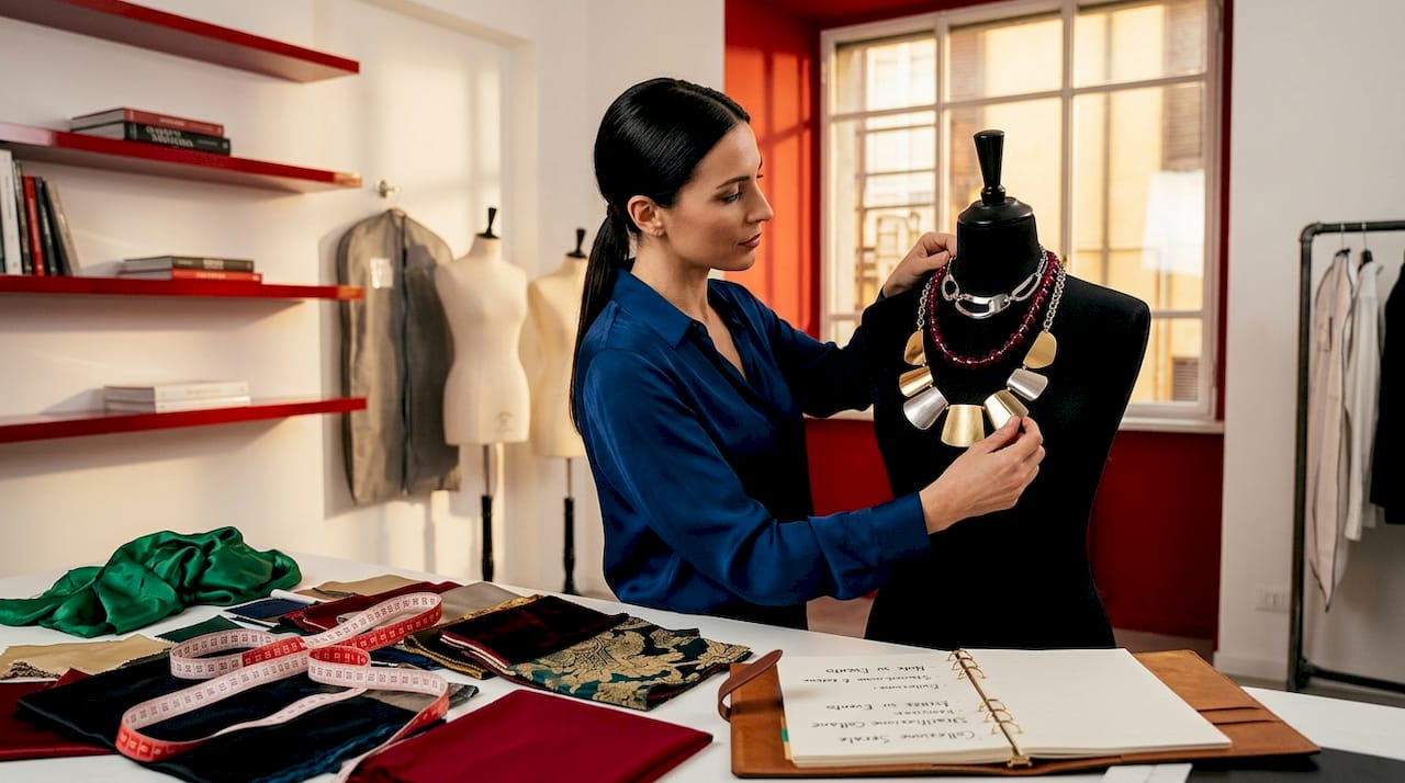 Stylist arranging layered statement necklaces
