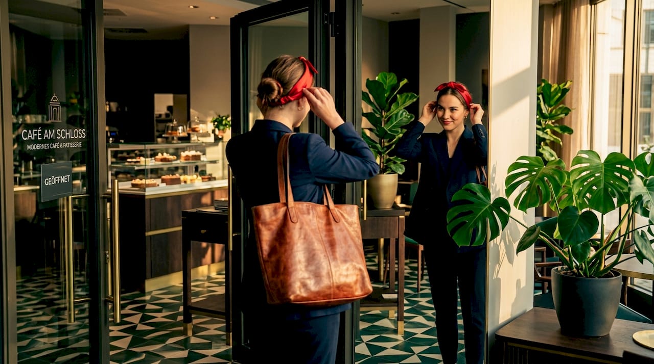 Im Café sitzt eine Frau mit einer riesigen Tasche und einem Haarband.