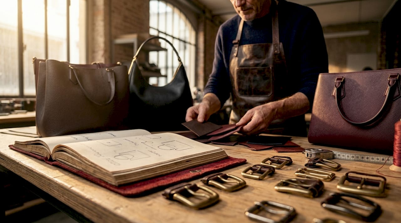 Un artisan examine et compare minutieusement différents échantillons de cuir destinés à la confection de sacs de luxe.