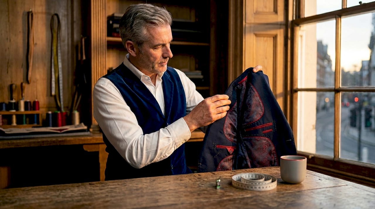 El sastre revisa cuidadosamente las costuras de la chaqueta de lujo para asegurarse de que cada detalle esté perfecto.