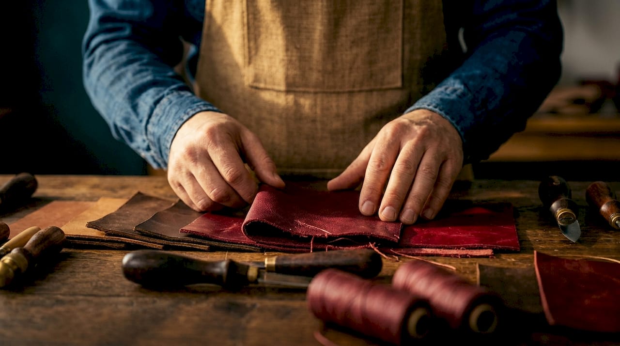 Un artisan examine attentivement différents échantillons de cuir dans son atelier pour choisir la meilleure matière.