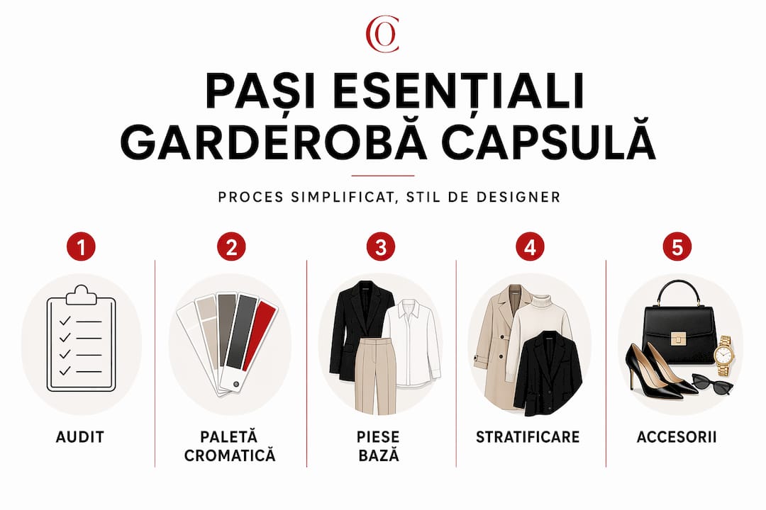Infografic vertical: etapele esențiale pentru crearea unei garderobe capsulă