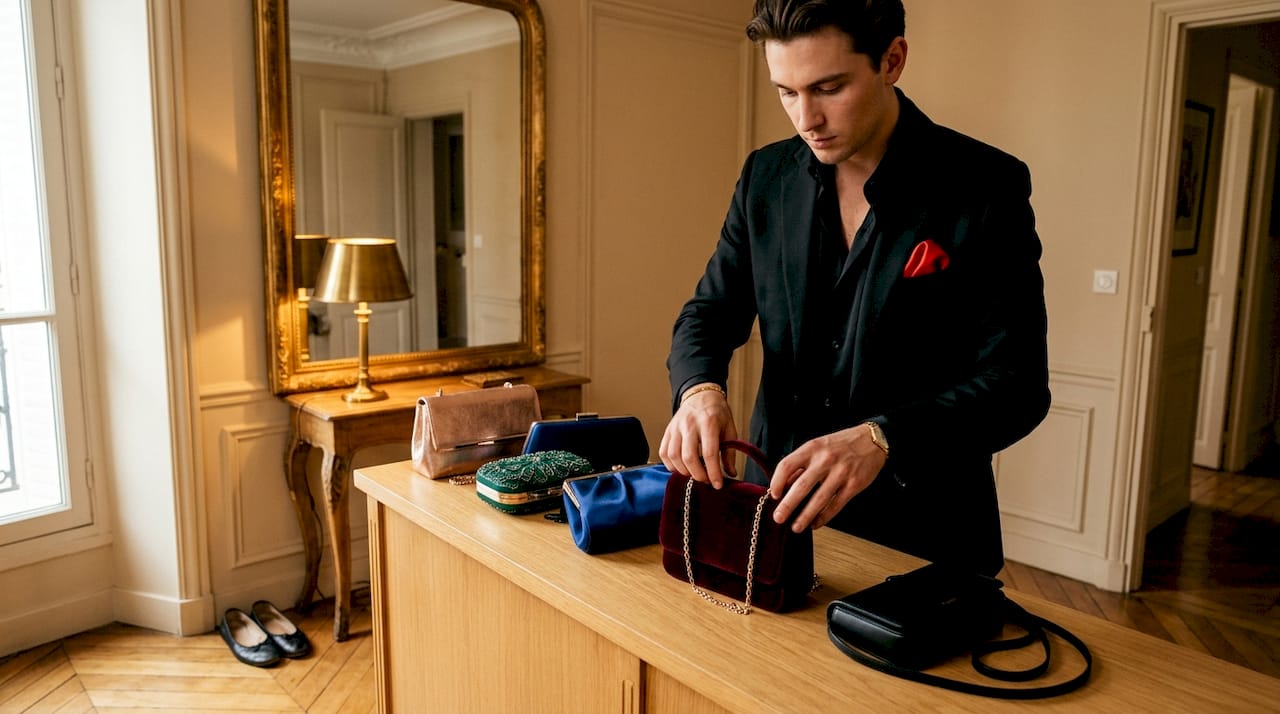 Un homme en train de trier des pochettes de soirée selon leur couleur.