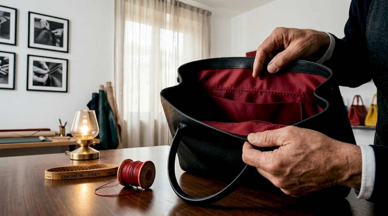 Particolare delle rifiniture interne di una borsa couture