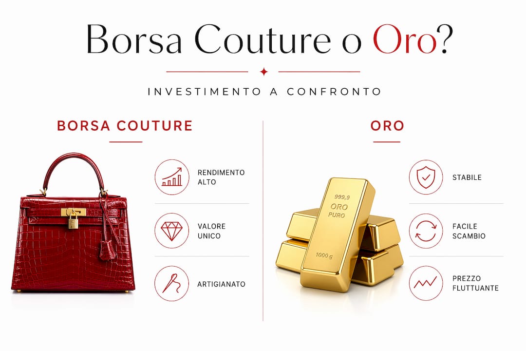 Infografica: confronto tra il valore delle borse couture e quello dell’oro