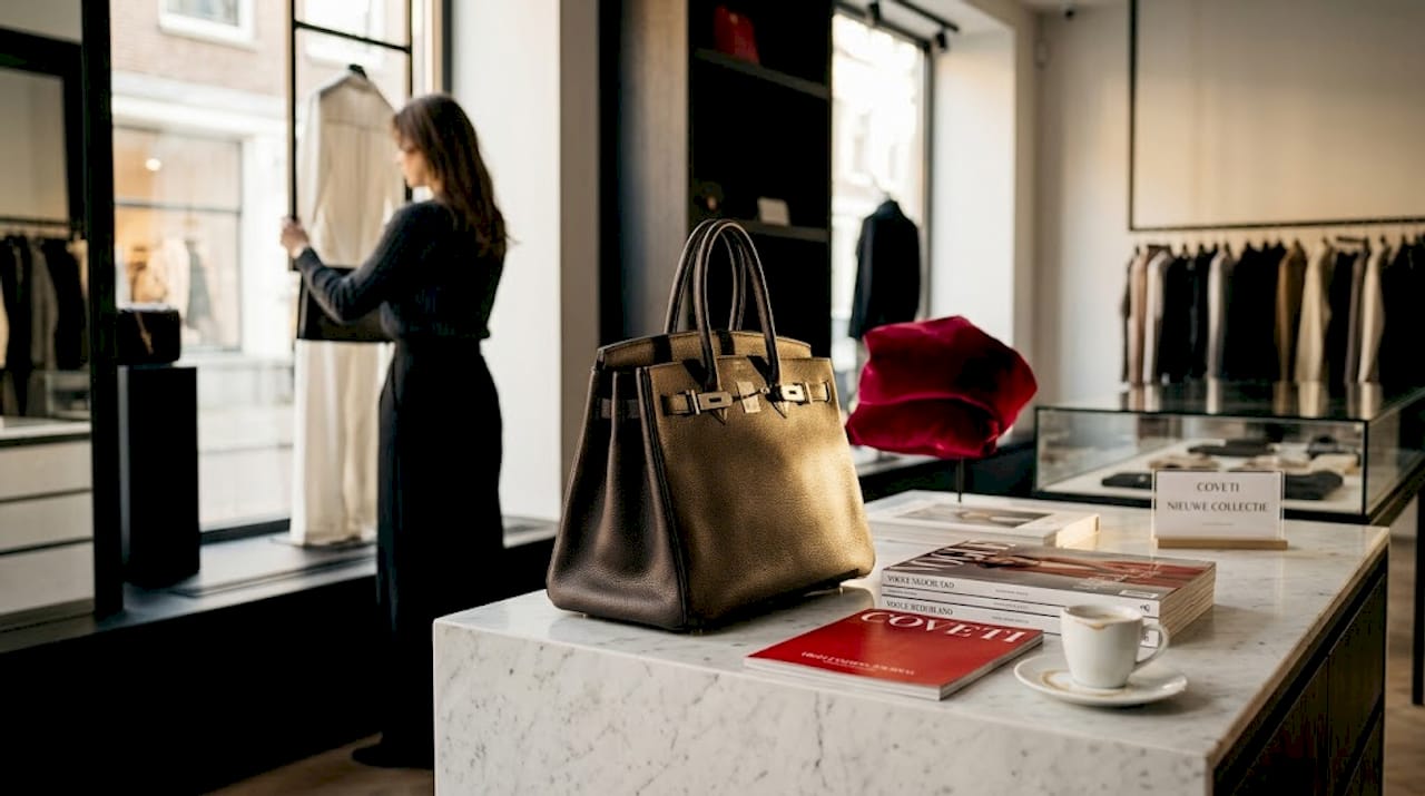 Birkin-tas uitgestald op een glazen toonbank, met oog voor de fijne details.