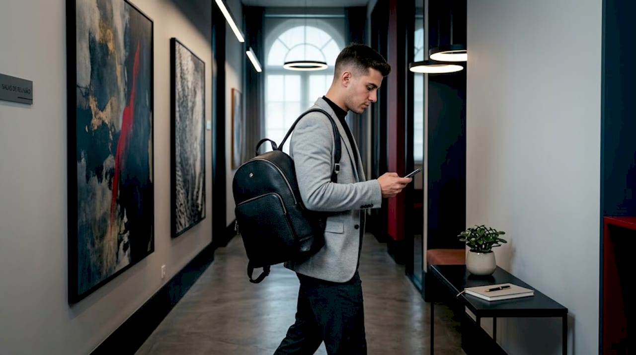 Replica Luxury Handbagm com mochila de pele de luxo no escritório