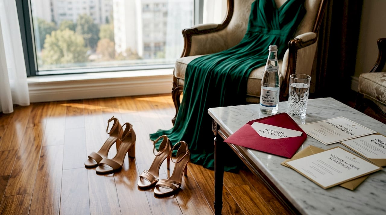 Pantofi cu toc pentru cocktail și rochie elegantă, într-un living luminos și plin de viață