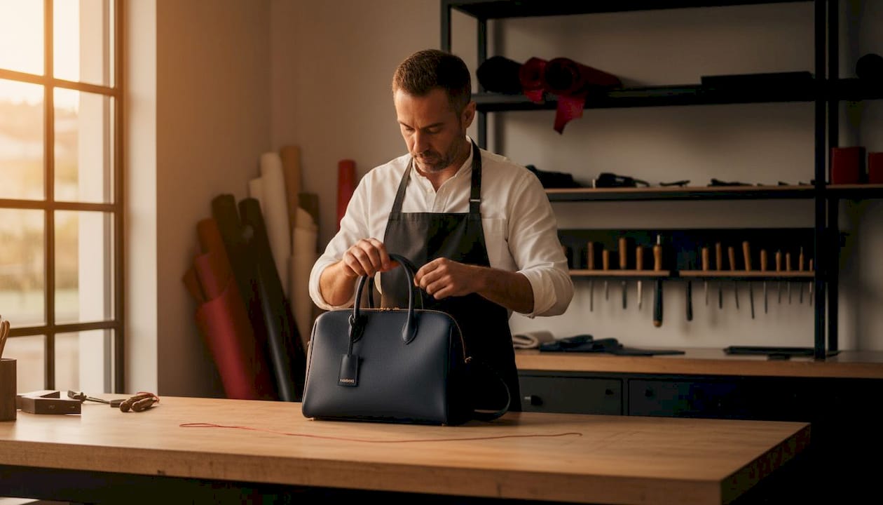 Un artesano del cuero revisa cuidadosamente un bolso de lujo, asegurándose de que cada detalle esté impecable.