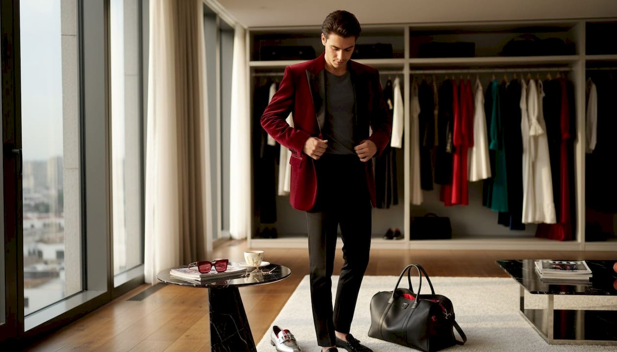 Ein junger Mann probiert vor seinem Kleiderschrank ein angesagtes Outfit an.