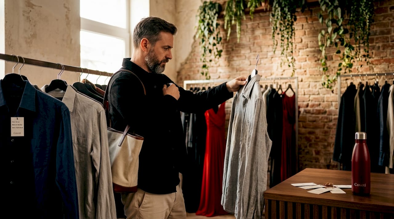 Un bărbat analizează câteva cămăși într-o boutique cochetă, încercând să aleagă modelul potrivit.