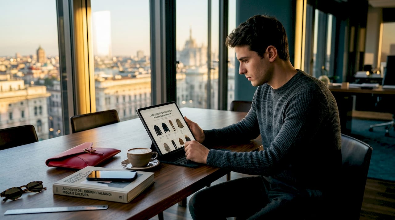 Un uomo sfoglia le ultime tendenze moda dal suo tablet, comodamente seduto a casa.