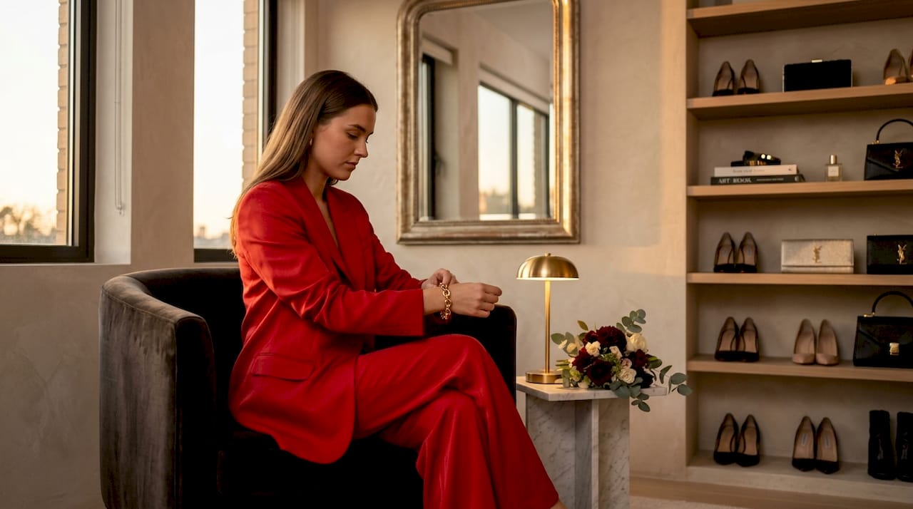 Una joven luce un traje a la última moda mientras está sentada en el interior de un espacio elegante.