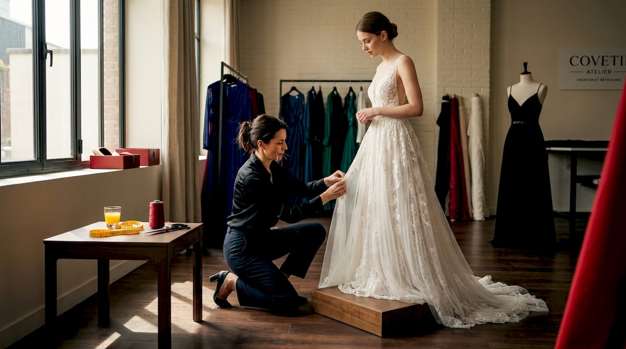 Une couturière ajuste délicatement une robe sur-mesure, épinglant les derniers détails pour un tombé parfait.