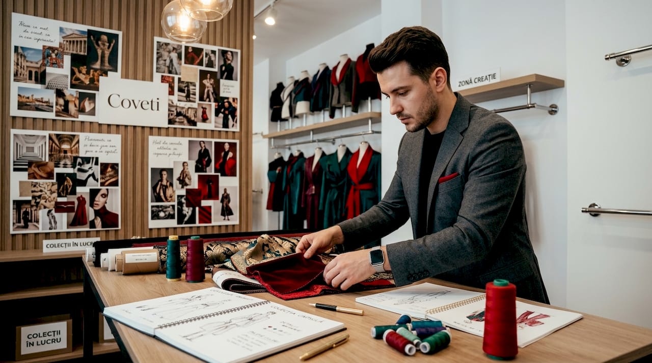 Stilistul alege și organizează materiale textile într-un atelier de modă românesc.
