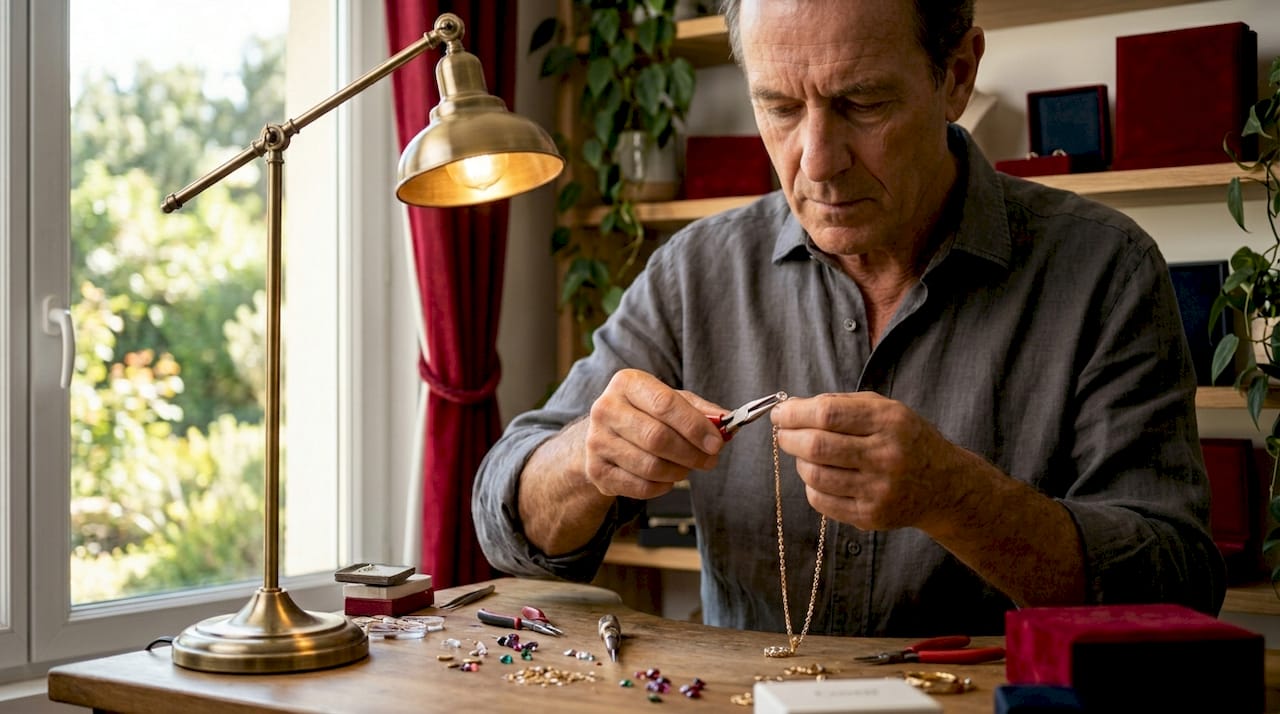 Un joaillier façonne un collier d’exception, concentré à son établi.