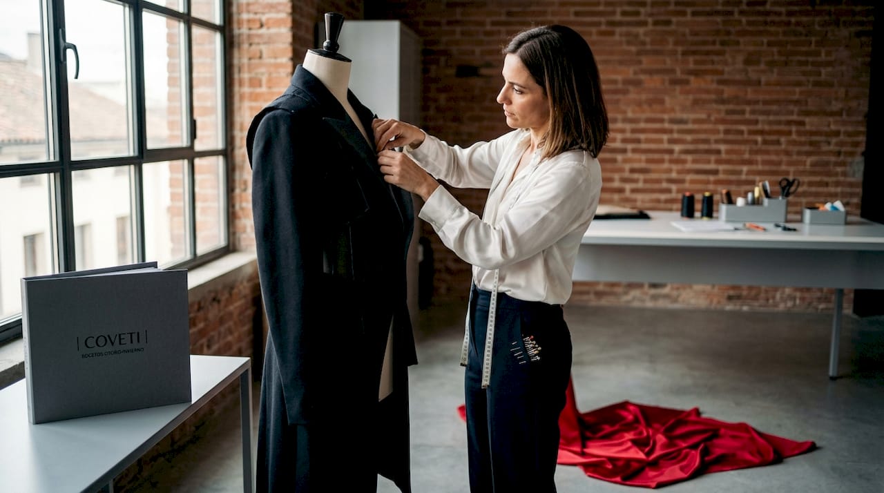 Diseñador de moda ajustando una prenda vanguardista sobre un maniquí