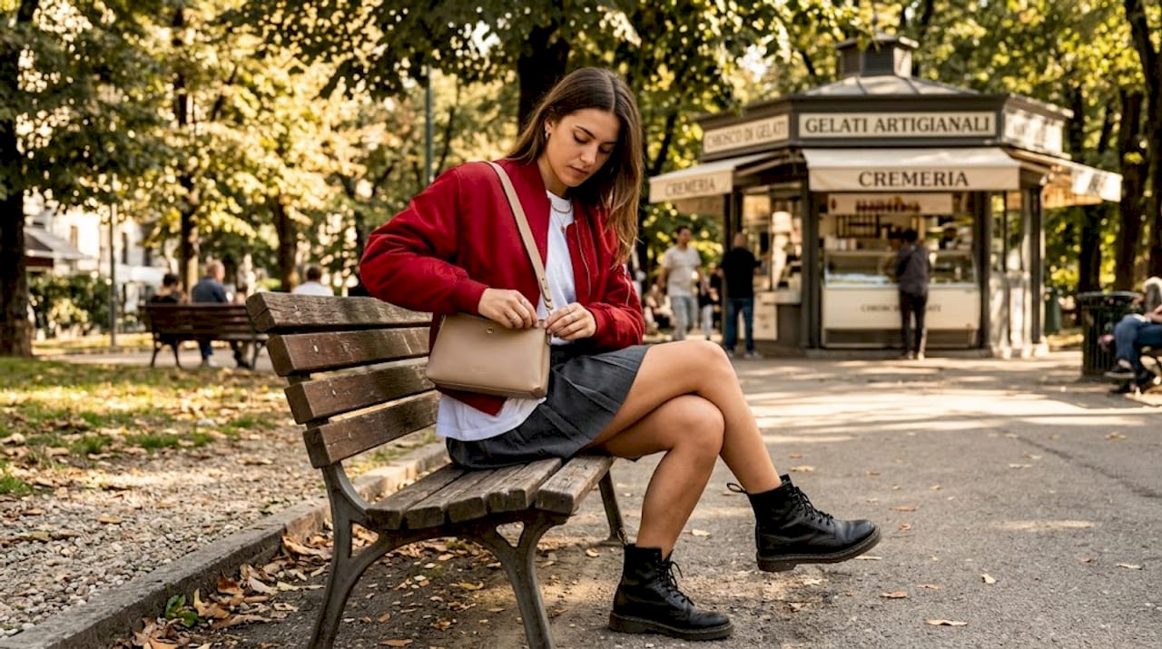 Una donna indossa un bomber rosso abbinato a una minigonna grigia.