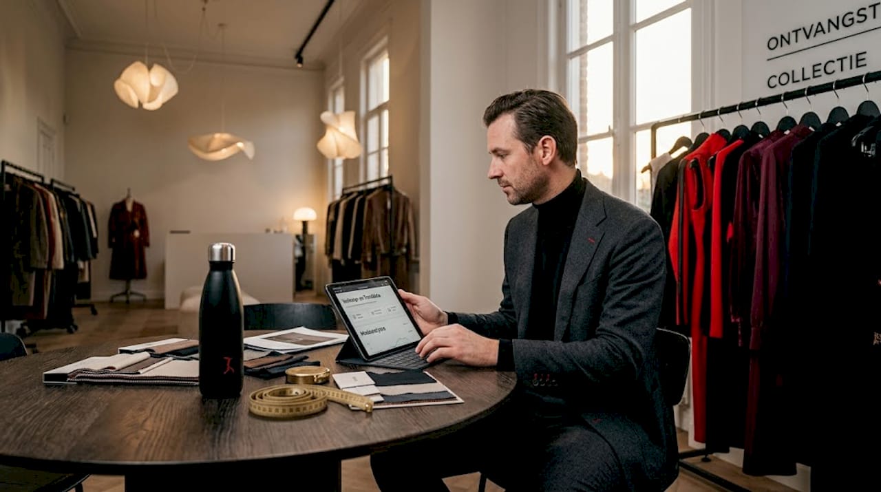 Een inkoper uit de modebranche bekijkt de verkoopcijfers op haar tablet.