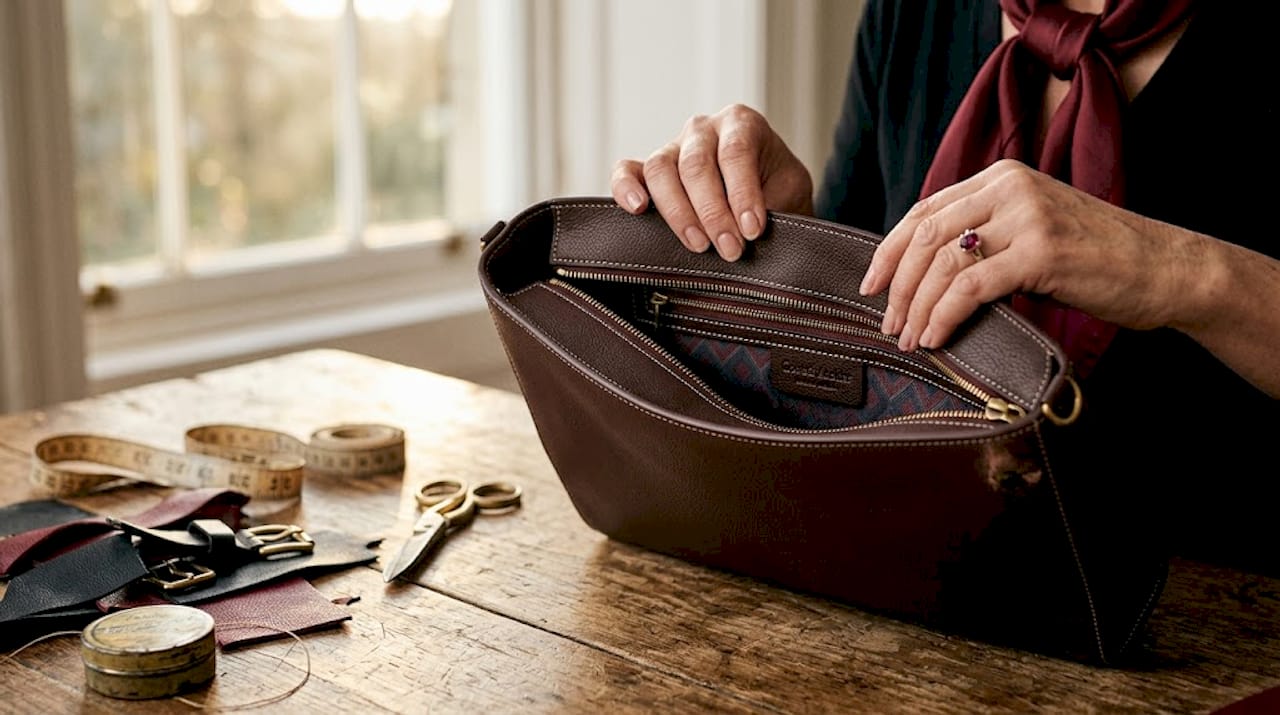 Ein erfahrener Handwerksmeister prüft sorgfältig die feinen Details einer Luxushandtasche.