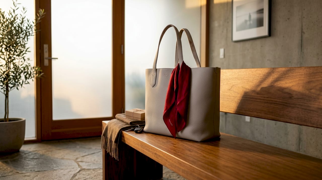 Un elegante bolso de piel color topo descansa sobre el banco de la entrada.