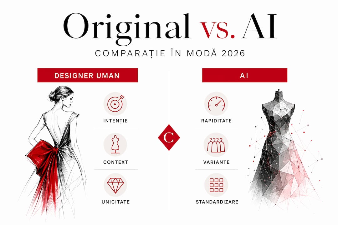 Infografic: comparație între creația vestimentară realizată de oameni și cea generată de inteligența artificială