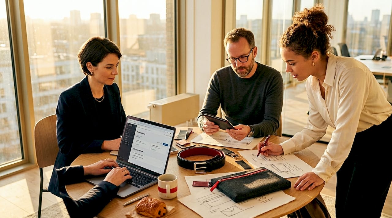 Het team zit samen aan tafel om verschillende accessoire-prototypes te bespreken.