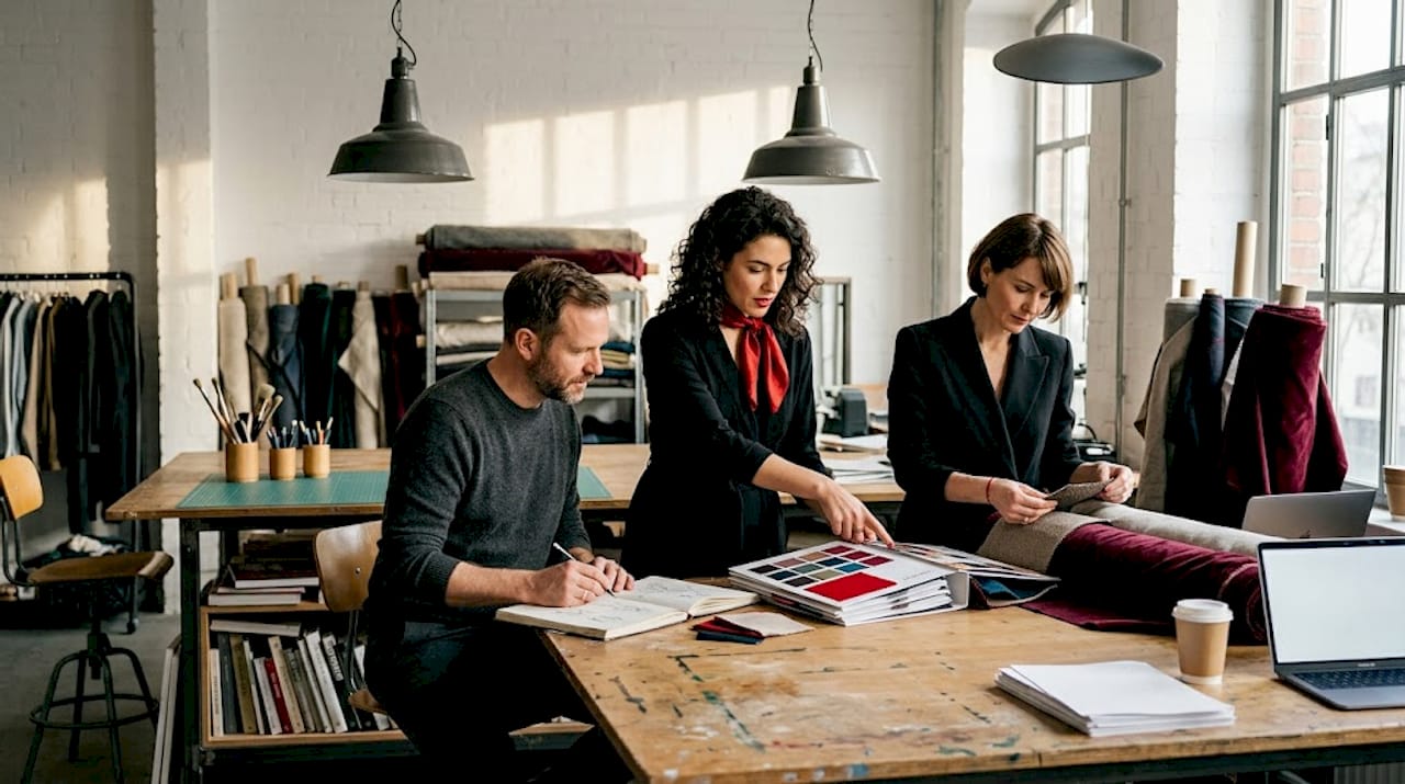 Ein Team von Designern arbeitet gemeinsam im Studio an kreativen Projekten.