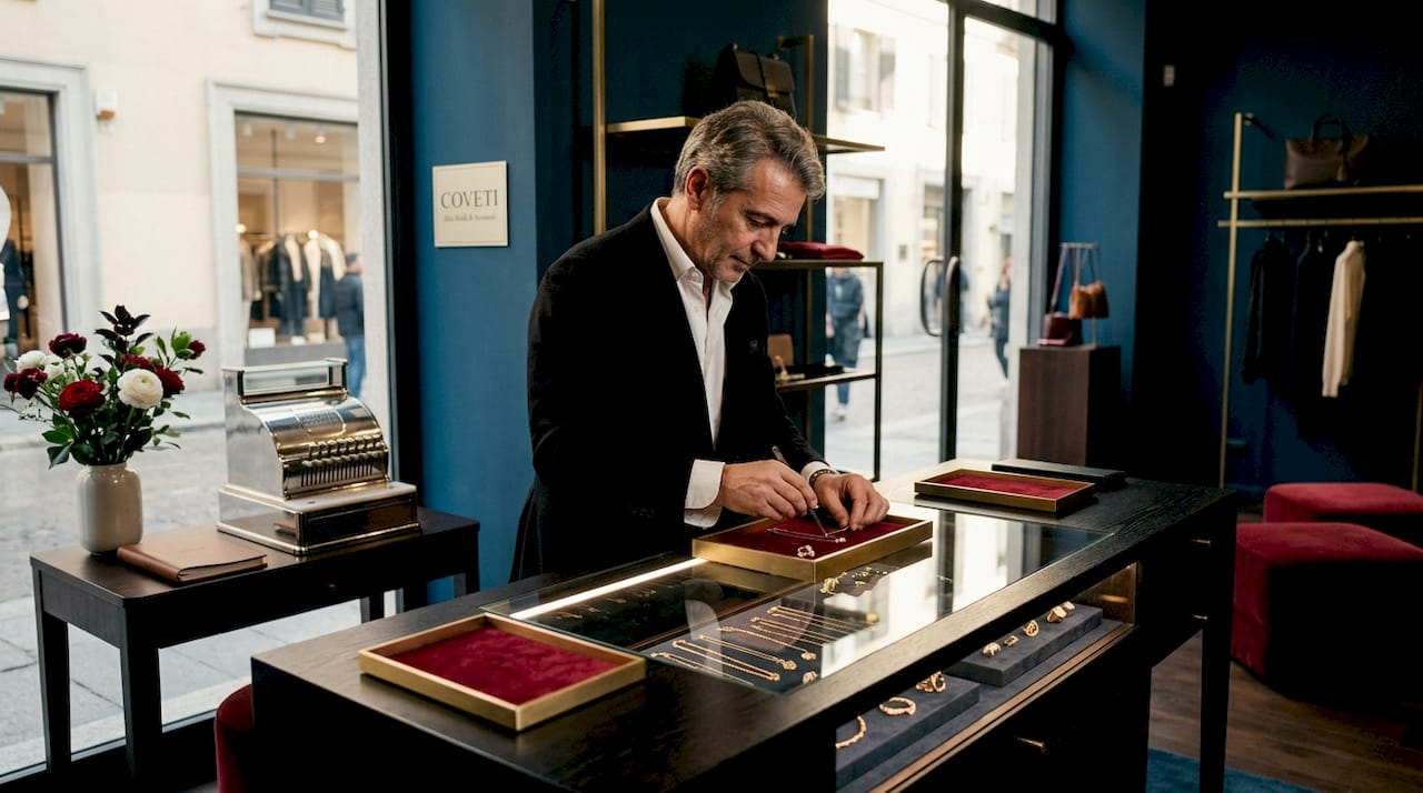 La titolare della boutique sistema con cura una vetrina elegante e raffinata, curando ogni dettaglio per valorizzare al meglio i capi esposti.